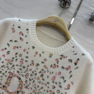Dior Women Short-Sleeved Embroidered Sweater Multicolor Daisy Garden Cashmere Knit