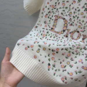 Dior Women Short-Sleeved Embroidered Sweater Multicolor Daisy Garden Cashmere Knit