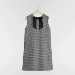 Dior Women Straight-Cut Short Dress Black and White Houndstooth Virgin Wool Blend