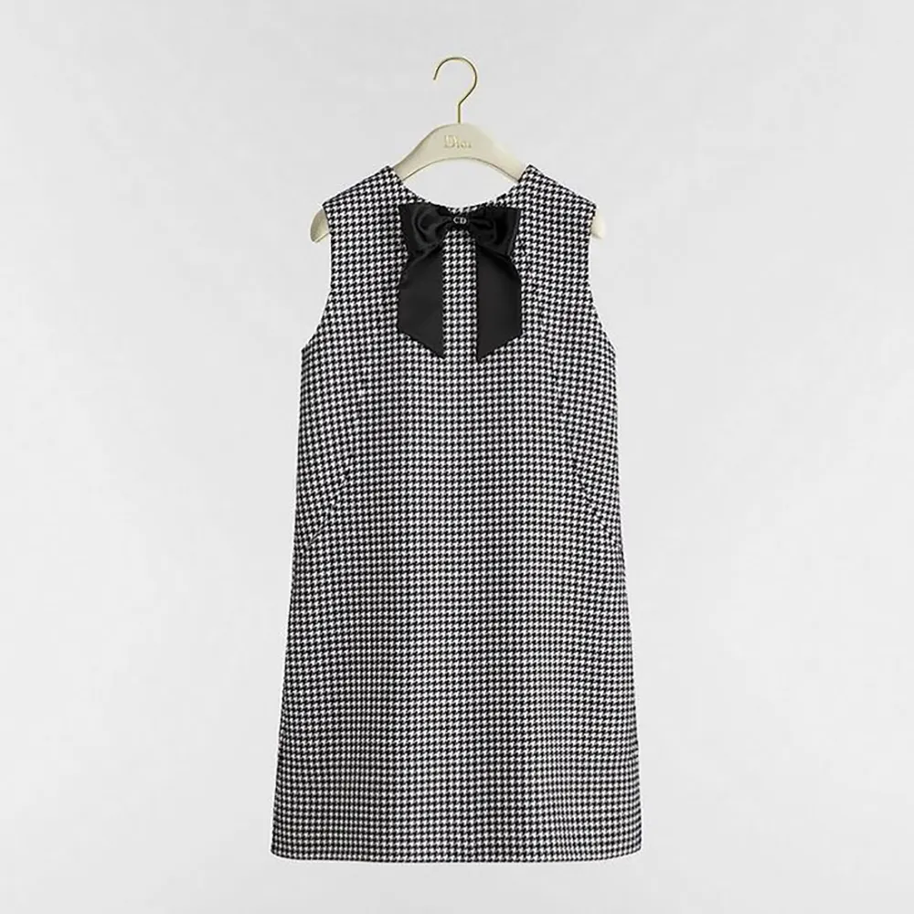 Dior Women Straight-Cut Short Dress Black and White Houndstooth Virgin Wool Blend