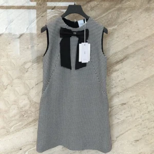 Dior Women Straight-Cut Short Dress Black and White Houndstooth Virgin Wool Blend