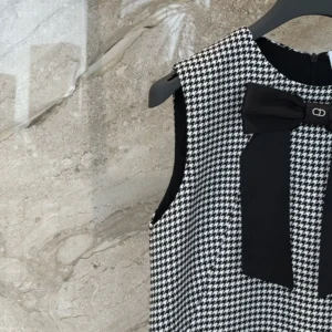 Dior Women Straight-Cut Short Dress Black and White Houndstooth Virgin Wool Blend
