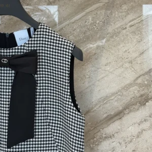 Dior Women Straight-Cut Short Dress Black and White Houndstooth Virgin Wool Blend