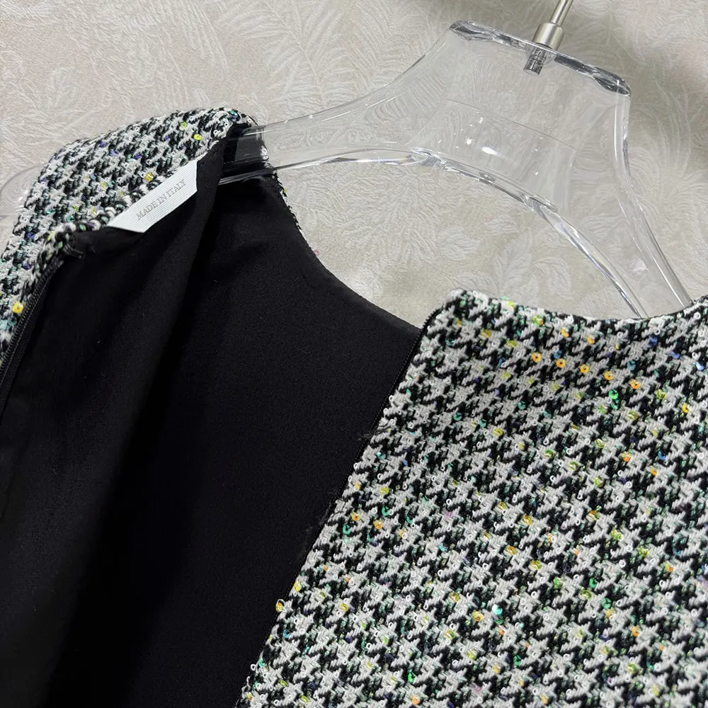 Dior Women Straight Dress Black and White Houndstooth Virgin Wool Blend with Multicolor Sequins 7 Dior Women Straight Dress Black and White Houndstooth Virgin Wool Blend with Multicolor Sequins