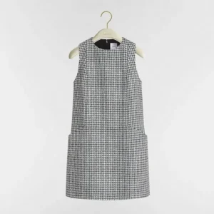 Dior Women Straight Dress Black and White Houndstooth Virgin Wool Blend with Multicolor Sequins