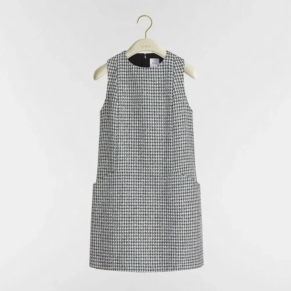 Dior Women Straight Dress Black and White Houndstooth Virgin Wool Blend with Multicolor Sequins 1 Dior Women Straight Dress Black and White Houndstooth Virgin Wool Blend with Multicolor Sequins