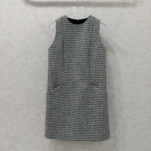 Dior Women Straight Dress Black and White Houndstooth Virgin Wool Blend with Multicolor Sequins
