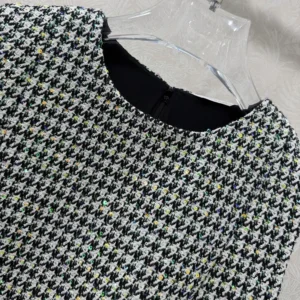 Dior Women Straight Dress Black and White Houndstooth Virgin Wool Blend with Multicolor Sequins