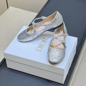 Dior Women Very Dior Ballet Flat Silver-Tone Laminated Lambskin and GlitterDior Women Very Dior Ballet Flat Silver-Tone Laminated Lambskin and Glitter
