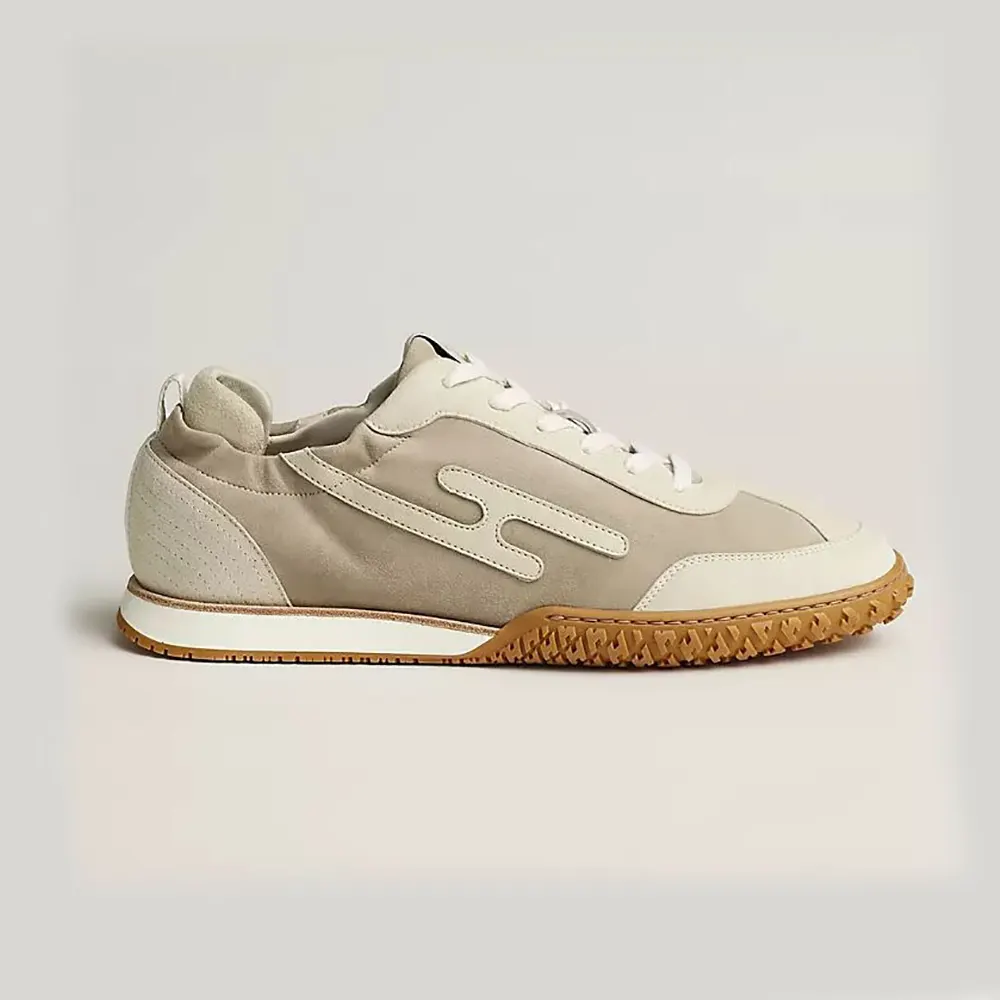 Hermes Unisex Jet Sneaker in Technical Canvas and Suede Goatskin-Beige