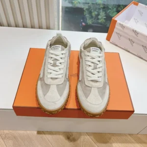 Hermes Unisex Jet Sneaker in Technical Canvas and Suede Goatskin-Beige