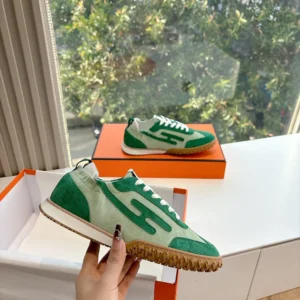 Hermes Unisex Jet Sneaker in Technical Canvas and Suede Goatskin-Green
