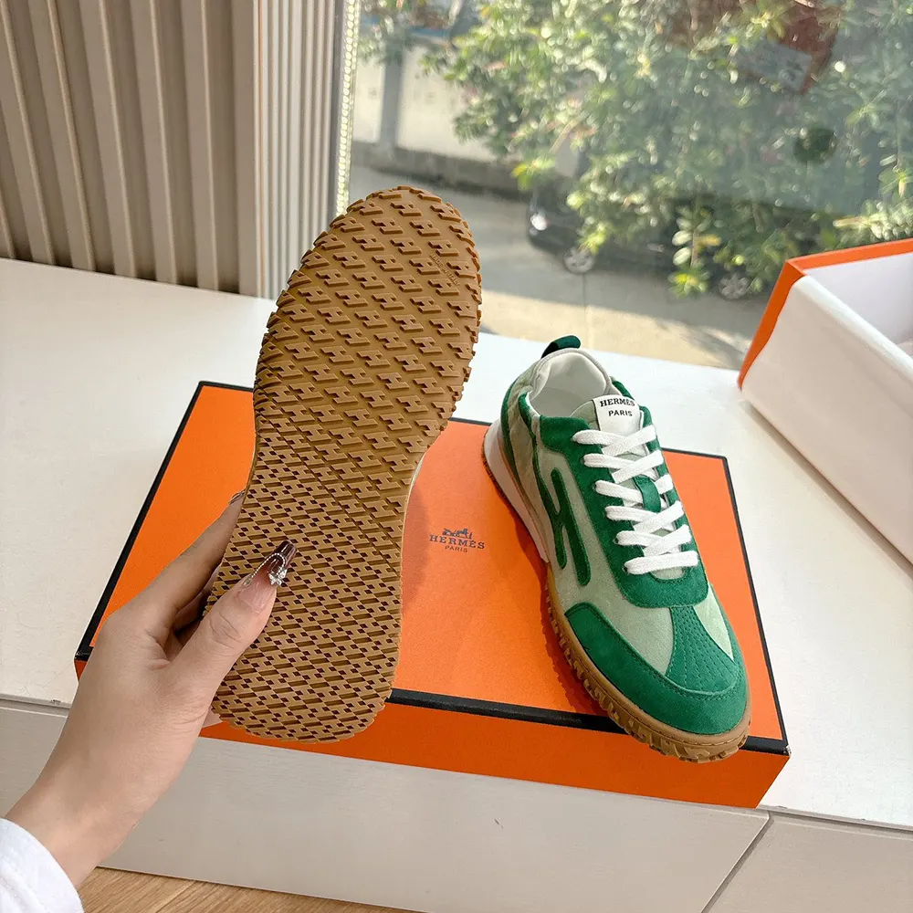 Hermes Unisex Jet Sneaker in Technical Canvas and Suede Goatskin-Green 10 Hermes Unisex Jet Sneaker in Technical Canvas and Suede Goatskin-Green