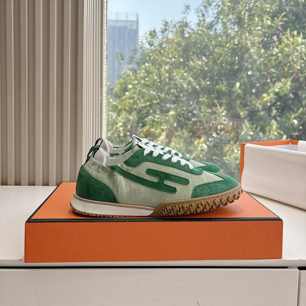 Hermes Unisex Jet Sneaker in Technical Canvas and Suede Goatskin-Green 2 Hermes Unisex Jet Sneaker in Technical Canvas and Suede Goatskin-Green