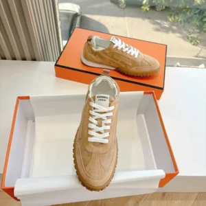 Hermes Unisex Jet Sneaker in Technical Canvas and Suede Goatskin-Natural