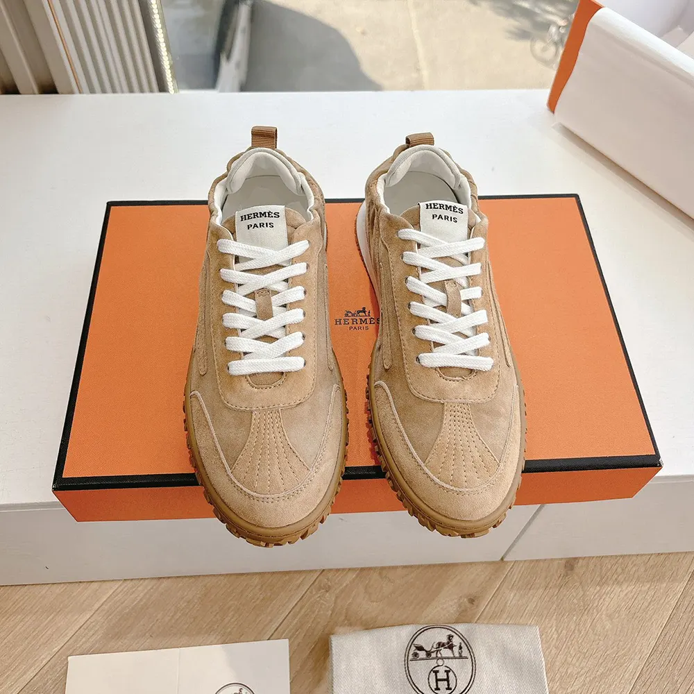 Hermes Unisex Jet Sneaker in Technical Canvas and Suede Goatskin-Natural