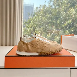 Hermes Unisex Jet Sneaker in Technical Canvas and Suede Goatskin-Natural