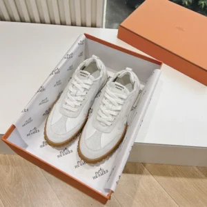 Hermes Unisex Jet Sneaker in Technical Canvas and Suede Goatskin-White