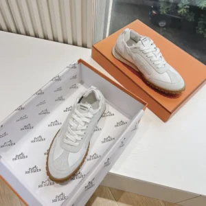 Hermes Unisex Jet Sneaker in Technical Canvas and Suede Goatskin-White