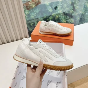 Hermes Unisex Jet Sneaker in Technical Canvas and Suede Goatskin-White