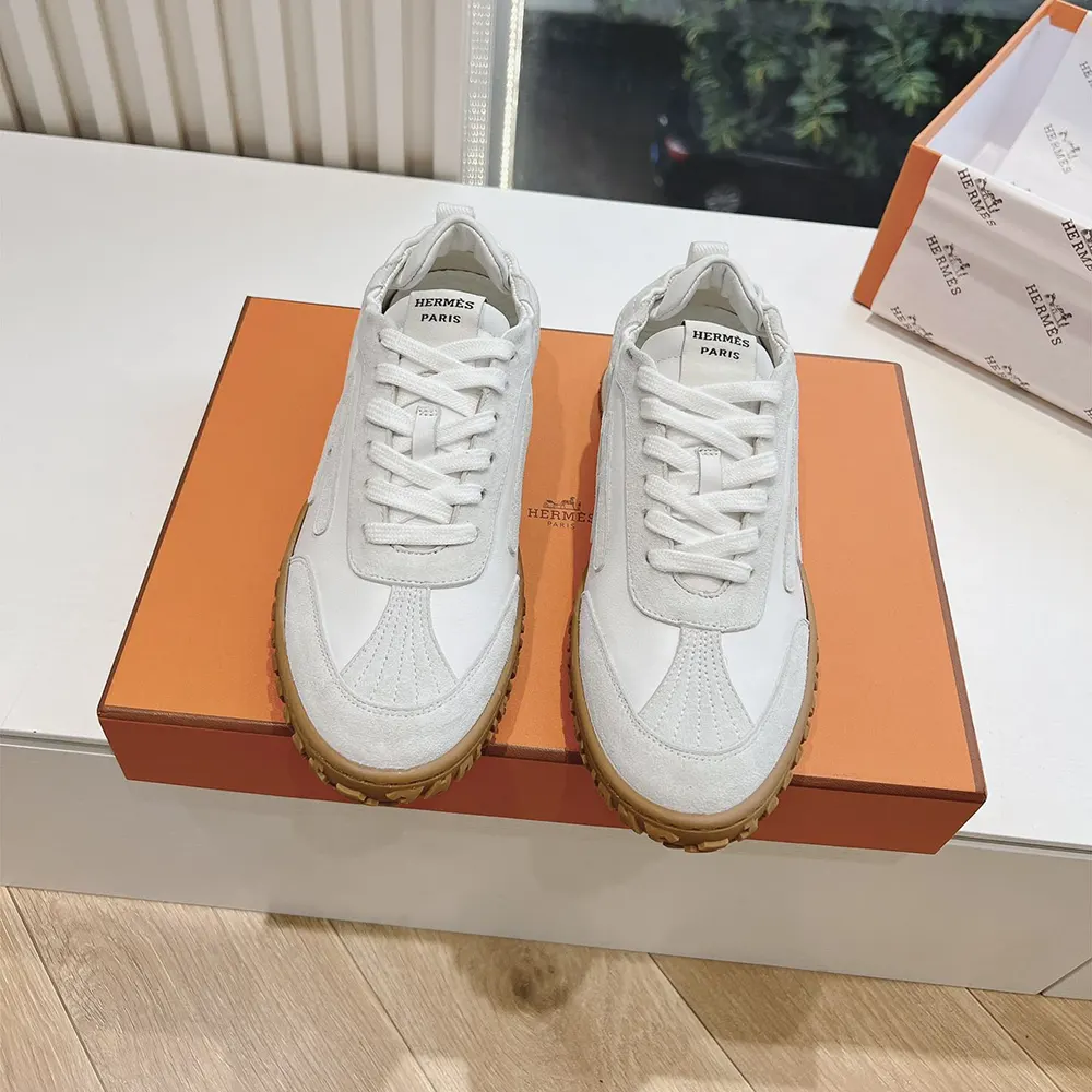 Hermes Unisex Jet Sneaker in Technical Canvas and Suede Goatskin-White