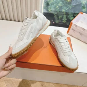 Hermes Unisex Jet Sneaker in Technical Canvas and Suede Goatskin-White