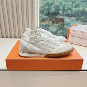 Hermes Unisex Jet Sneaker in Technical Canvas and Suede Goatskin-White