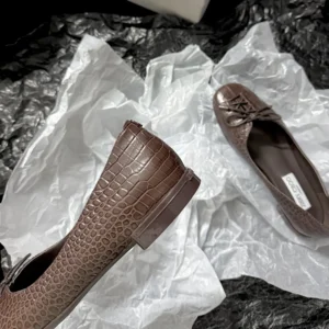 Jimmy Choo Women Scarlett Ballerina Chocolate Croc Embossed Leather Ballerina Flats
