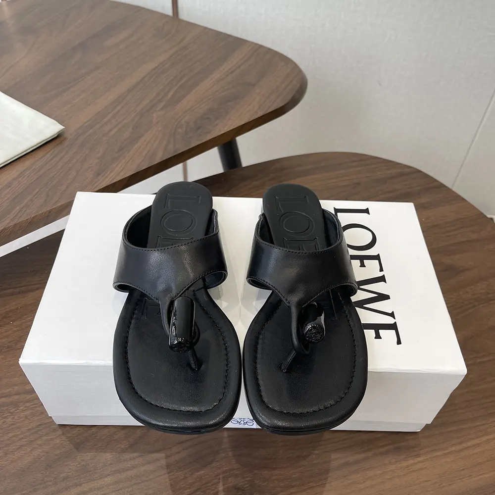 Loewe Women Toggle Flat Sandal in Shiny Smoot Calfskin-Black L815465XB9 2 Loewe Women Toggle Flat Sandal in Shiny Smoot Calfskin-Black L815465XB9