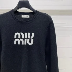 Miu Miu Women Double Cashmere Sweater with Logo-Black