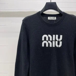Miu Miu Women Double Cashmere Sweater with Logo-Black