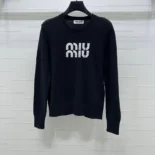 Miu Miu Women Double Cashmere Sweater with Logo-Black