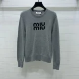 Miu Miu Women Double Cashmere Sweater with Logo-Grey
