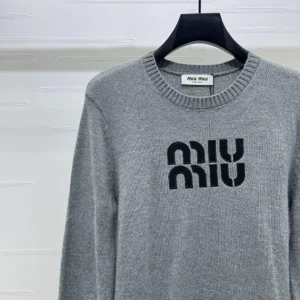 Miu Miu Women Double Cashmere Sweater with Logo-Grey
