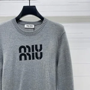 Miu Miu Women Double Cashmere Sweater with Logo-Grey