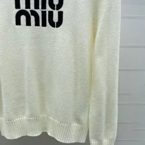 Miu Miu Women Double Cashmere Sweater with Logo-White