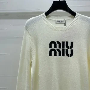 Miu Miu Women Double Cashmere Sweater with Logo-White