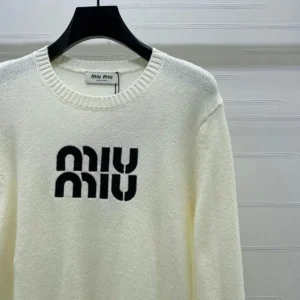 Miu Miu Women Double Cashmere Sweater with Logo-White