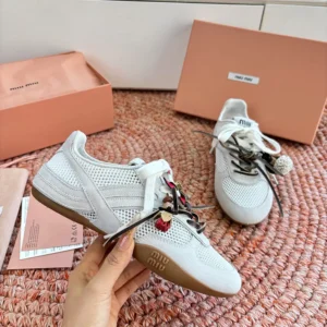 Miu Miu Women Gymnasium Mesh and Suede Sneakers-White 5E589E3KU1