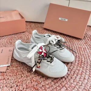 Miu Miu Women Gymnasium Mesh and Suede Sneakers-White 5E589E3KU1