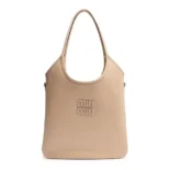 Miu Miu Women IVY Leather Bag with Leather Lettering Logo-Sandy
