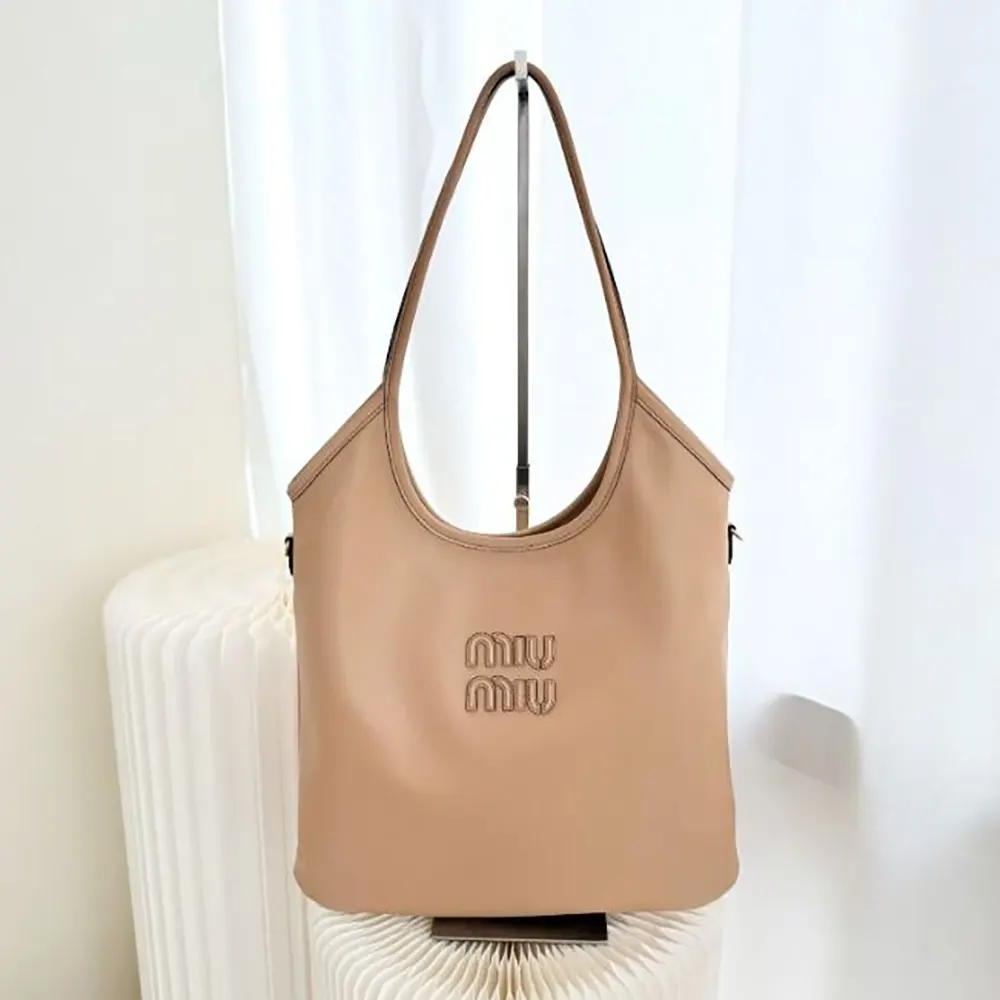 Miu Miu Women IVY Leather Bag with Leather Lettering Logo-Sandy 2 Miu Miu Women IVY Leather Bag with Leather Lettering Logo-Sandy