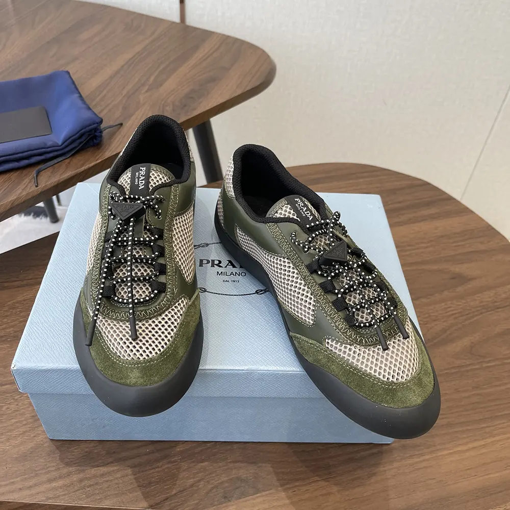 Prada Unisex Speedrock Leather And Mesh Fabric Sneakers-Dark Green 2EE468 3 Prada Unisex Speedrock Leather And Mesh Fabric Sneakers-Dark Green 2EE468