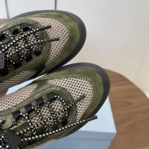 Prada Unisex Speedrock Leather And Mesh Fabric Sneakers-Dark Green 2EE468