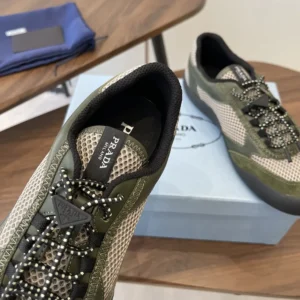 Prada Unisex Speedrock Leather And Mesh Fabric Sneakers-Dark Green 2EE468