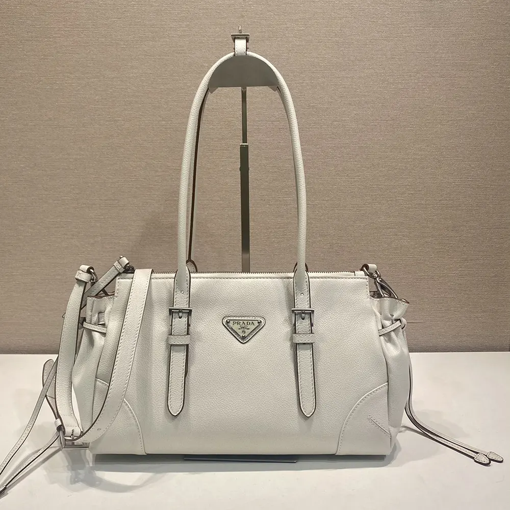 Prada Women Bonnie Medium Antiqued Leather Tote Bag-White 1BG6282HF2