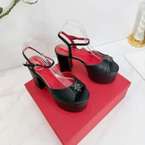 Valentino Women Panthea Platform Sandal in Kidskin Leather 125mm-Black