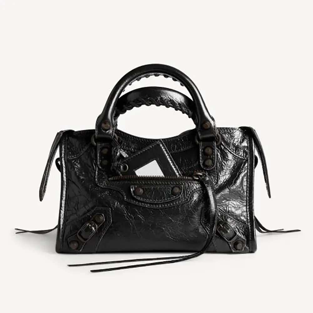 Balenciaga Women Le City Bag Mini in Black Arena Lambskin Brass Hardware