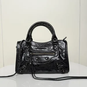 Balenciaga Women Le City Bag Mini in Black Arena Lambskin Brass Hardware