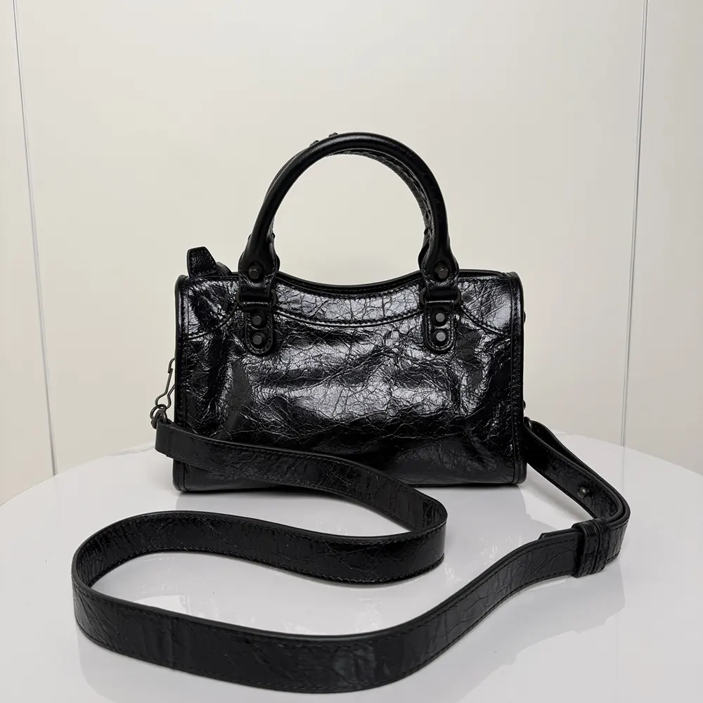 Balenciaga Women Le City Bag Mini in Black Arena Lambskin Brass Hardware